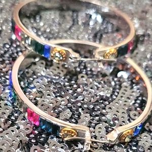 henri bendel Multi-Color Crystal Hoop Earrings with Gold Accents